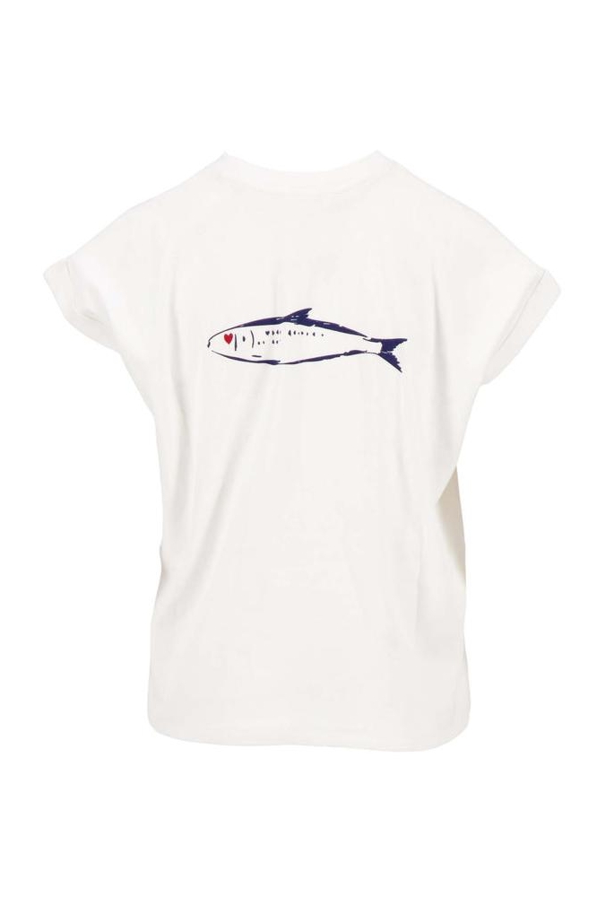 T SHIRT MET OPGEROLDE MOUW MET VIS 0304 255 1000 WIT